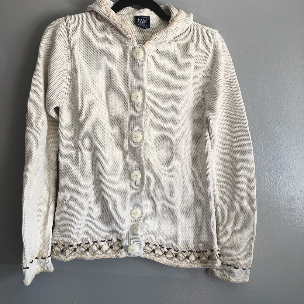 Vintage Twik Cream Cardigan Sweater with Decorative Trim